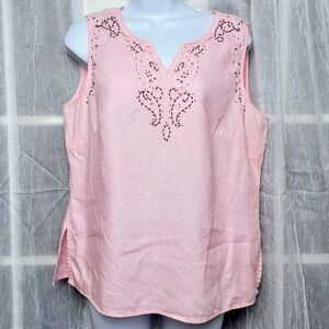 Edward 100% Irish Linen Embroidered Beaded Top Womens Sz L Sleeveless Coastal